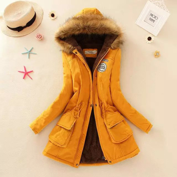 Solid fur Zipper Parka 2022 Winter Fashion Hooded Adjustable Waist Warm Coat Outerwear Down Jackets