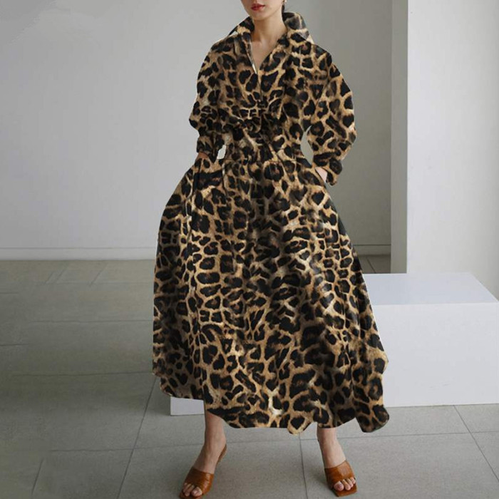Retro Leopard Print A-line Party Dress Women Spring Autumn Fashion Turn Down Collar Long Sleeve Pocket Dress Office Lady Vestido