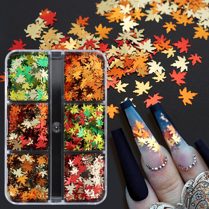 6 Grids Orange Maple Leaves Nail Glitter Sequins Mixed Shiny Fallen Leaf Flakes DIY Autumn Nail Art Decoration Accessories Tool