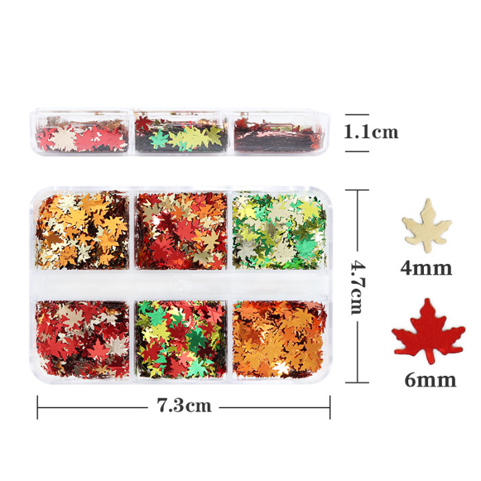 6 Grids Orange Maple Leaves Nail Glitter Sequins Mixed Shiny Fallen Leaf Flakes DIY Autumn Nail Art Decoration Accessories Tool