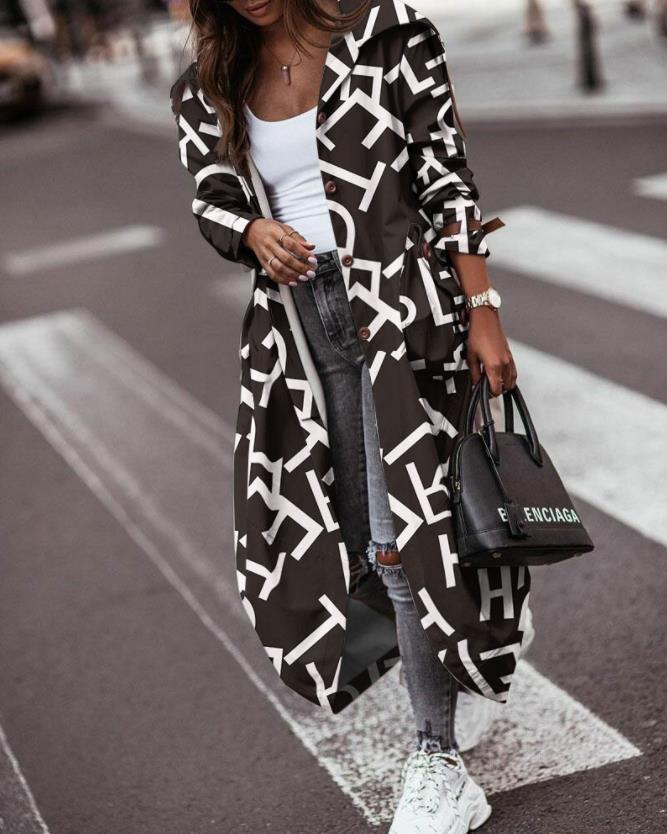 Print Button Long Sleeve Pocket Design Casual Trench Coat Cardigans