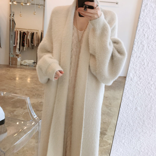 Winter Sweater Cardigan Long Solid White Mink Fur Oversize Sweater Coat Women Knitwear