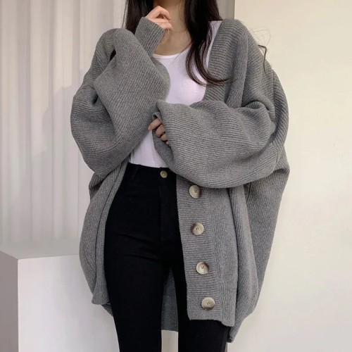 Korean Ins Lazy Knitted Cardigan V-neck Single-breasted Loose Sweater Coat