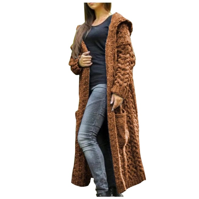 Cardigan Women Solid Color Long Sleeve Braid Knit Cardigan Hooded Sweater Coat