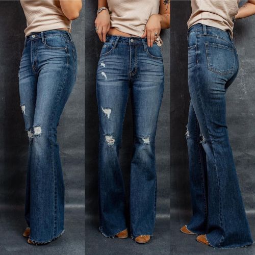 Women High Waist Ripped Flare Jeans Fashion Stretch Skinny Slim Denim Long Pants