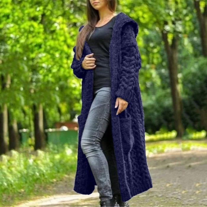Cardigan Women Solid Color Long Sleeve Braid Knit Cardigan Hooded Sweater Coat