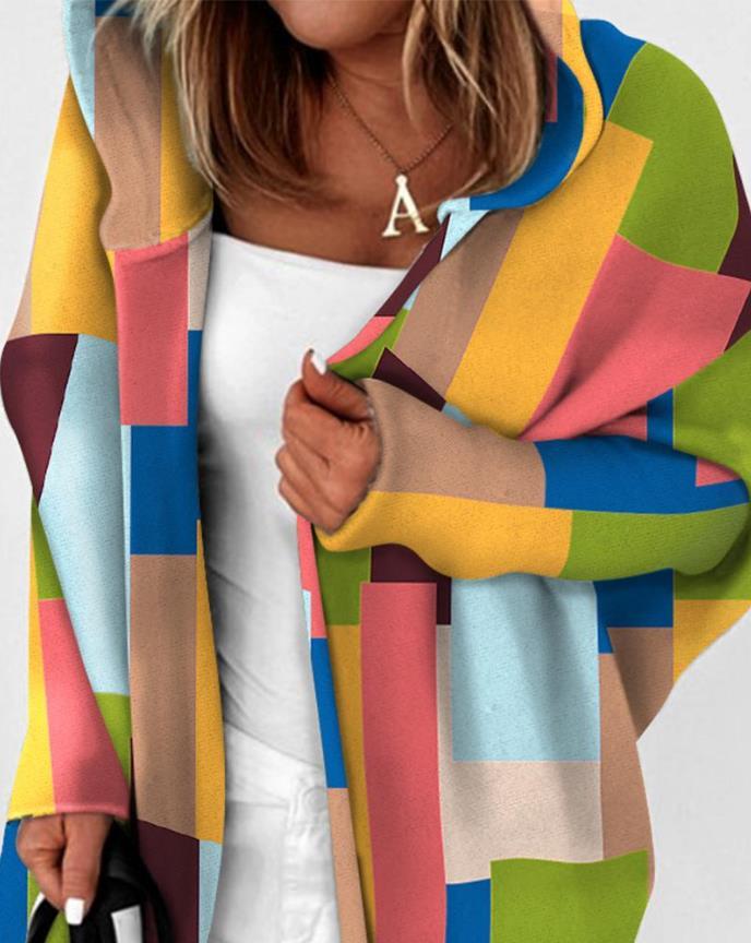 Warm Casual Colorblock Geo Print Long Sleeve Batwing Sleeve Hooded Coat and Jackets 2023