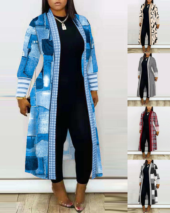 Women Fashion Vintage Printed Long Sleeve Patchwork Coat Cardigan