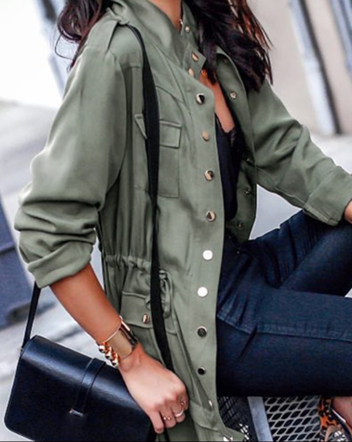 Fashion Jacket Pocket Drawstring Long Sleeves Casual Trench Coats