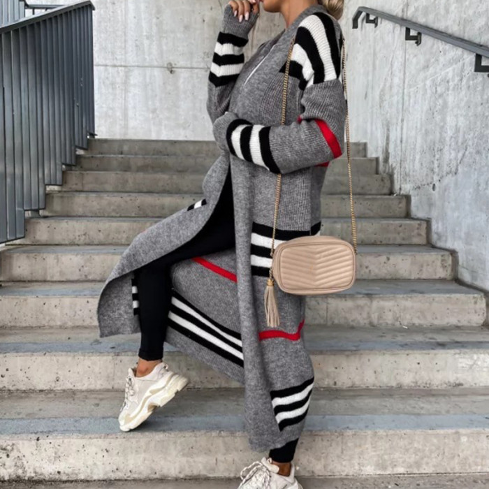 Autumn Winter Knitted Cardigan Women Striped Patchwork Loose Long Outerwear Coat