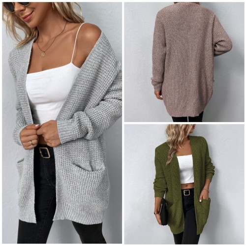 Autumn/Winter Women's Sweater Solid Color Loose Fit Pockets Long Cardigan Knitted Coat