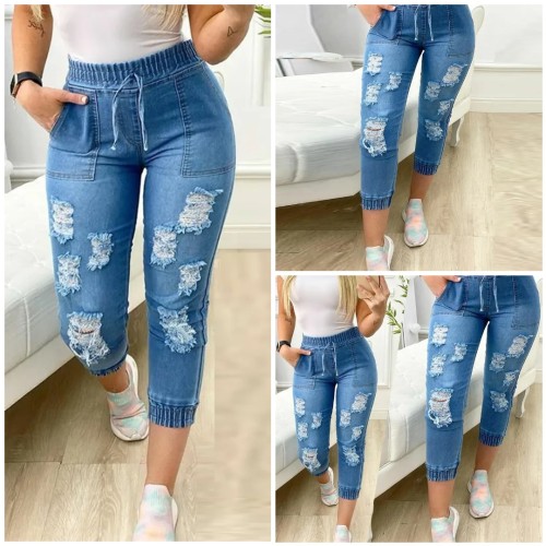 Ripped Skinny Jeans Women New Fashion Drawstring Blue Hole Jeans
