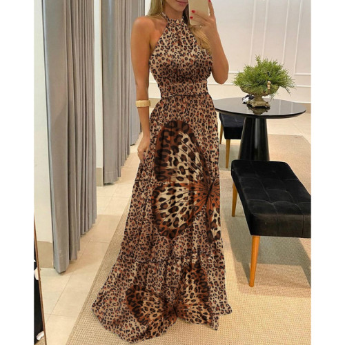 Women's Leopard Print Bohemian Long Sleeve Halter Neck Tassel Backless Maxi Dress