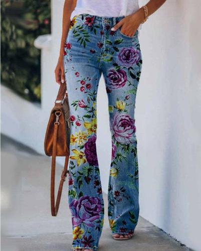 Fashion Print Casual Floral High Waisted Loose Jeans