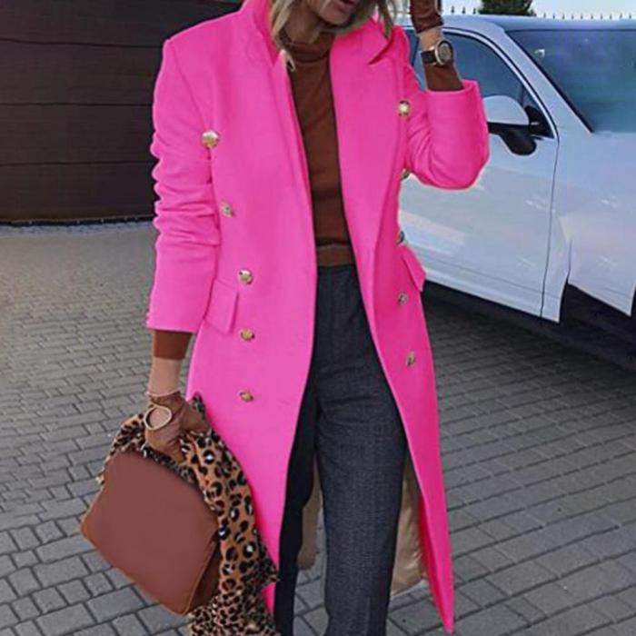 Solid Color Wool Coat Slim Double Breasted Lapel Women's Coat