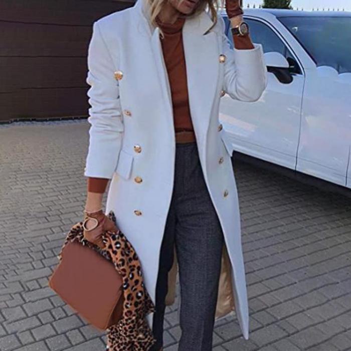 Solid Color Wool Coat Slim Double Breasted Lapel Women's Coat