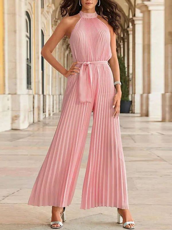Solid Color Pleated Party Elegant Open Back Sleeveless Wide Leg Jumpsuit