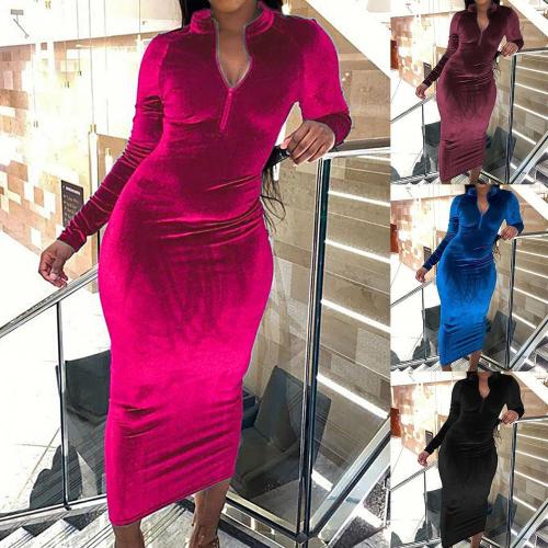 Women's Solid Color Long Sleeve Midi Party Elegant Bodycon Dress