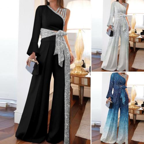 Women's Off Shoulder Bandage Bow High Waist Wide Leg Top Patchwork Glitter Pants   Two-piece Outfits