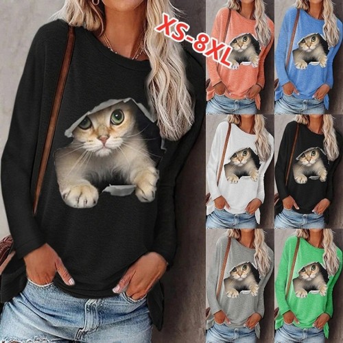 Fashion Casual Long Sleeve Printed Pullover Top Round Neck  T-Shirts
