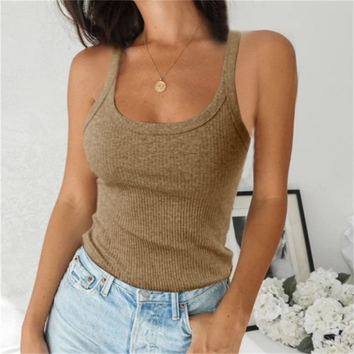 Fashion Sleeveless O Neck Knit Sexy Open Casual Solid Color Top T-Shirt