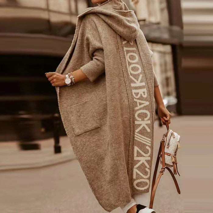 Women Top Spring Autumn Letter Print Casual Pocket Sweaters Loose Hooded Long Cardigan