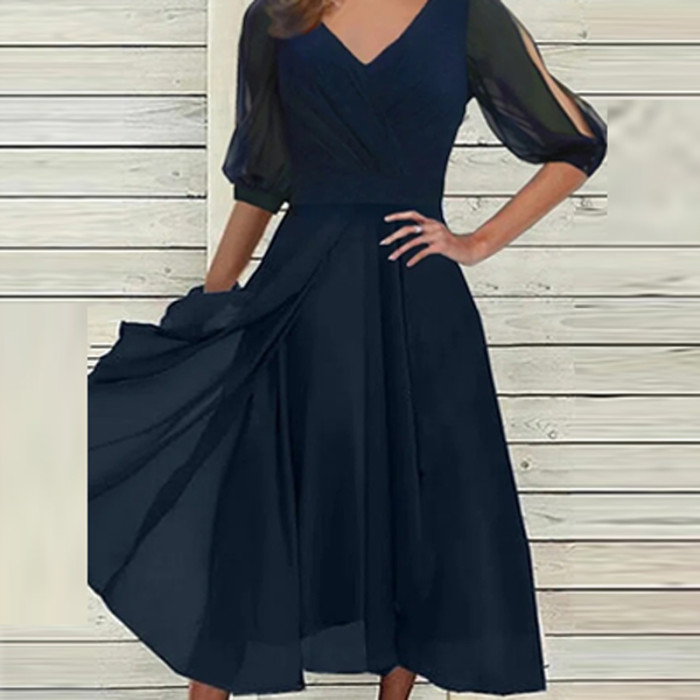 Women's Sexy Long Sleeve Cutout O-Neck Fashion A-Line  Midi Dress