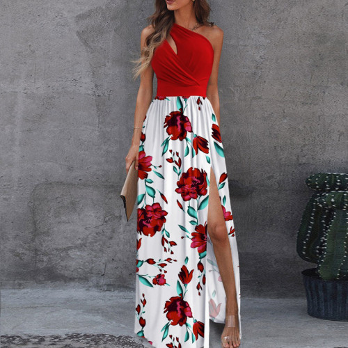Elegant One Shoulder Floral Print High Party Cutout Sleeveless  Maxi Dress