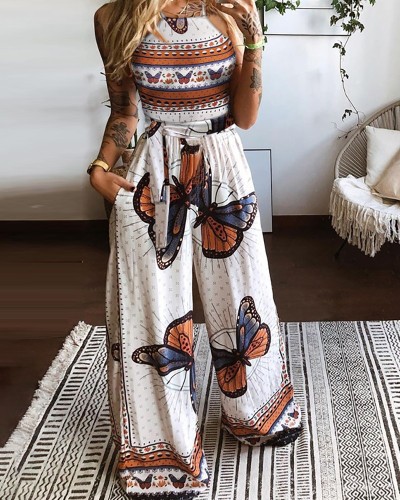 Women's Fashion Butterfly Print Backless Sleeveless Wide Leg High Waist  Two-piece Outfits