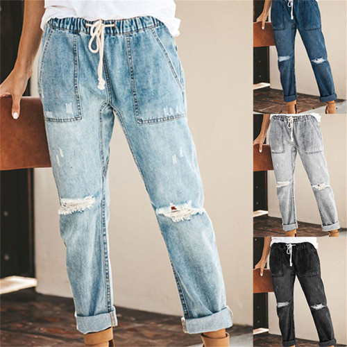 Washed Old Ripped Jeans Women's High Waist Slim Fit Sexy Lace-Up Straight Pants Jeans