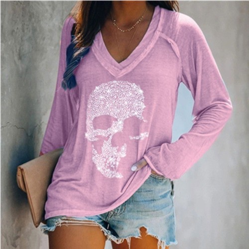 Trendy Casual Long Sleeve Loose Printed V Neck Top  T-Shirts