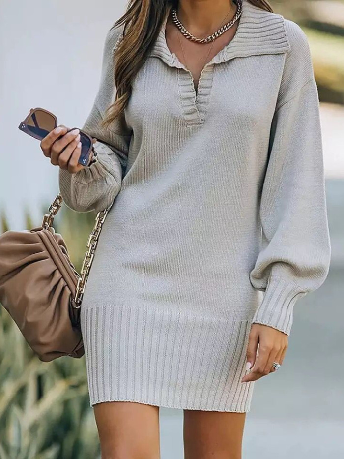 Fashion Lapel Long Sleeve Loose Knit Sweater Dress