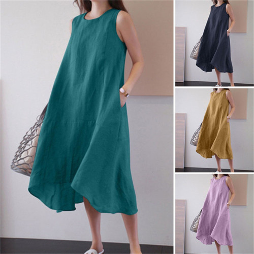 Fashion Sleeveless O-Neck Solid Color Loose Pocket  Maxi Dress