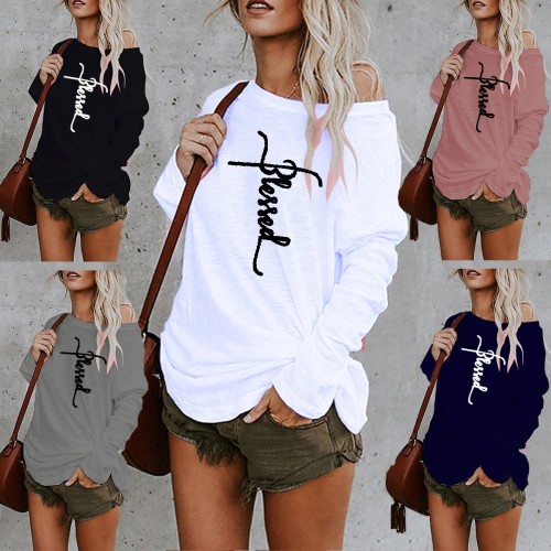 Women's Fashion Printed Long Sleeve Round Neck Loose Pullover  T-Shirts