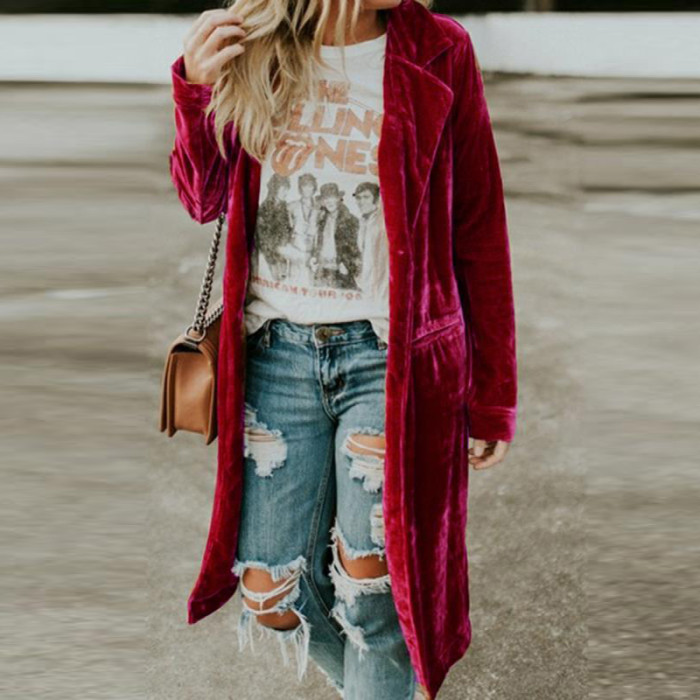 Women's Fashion Straight Loungewear Lapel Full Sleeve Solid Color Vintage Pocket  Trench Coats