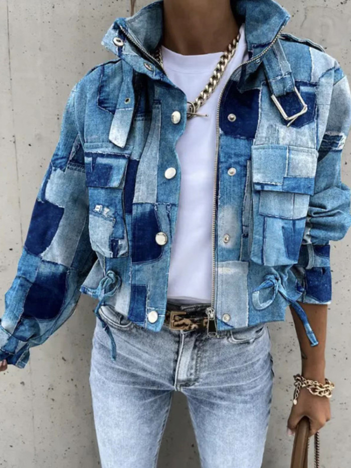 Women's Fashion Printed Pocket Hip Hop Stand Collar Long Sleeve Jacket