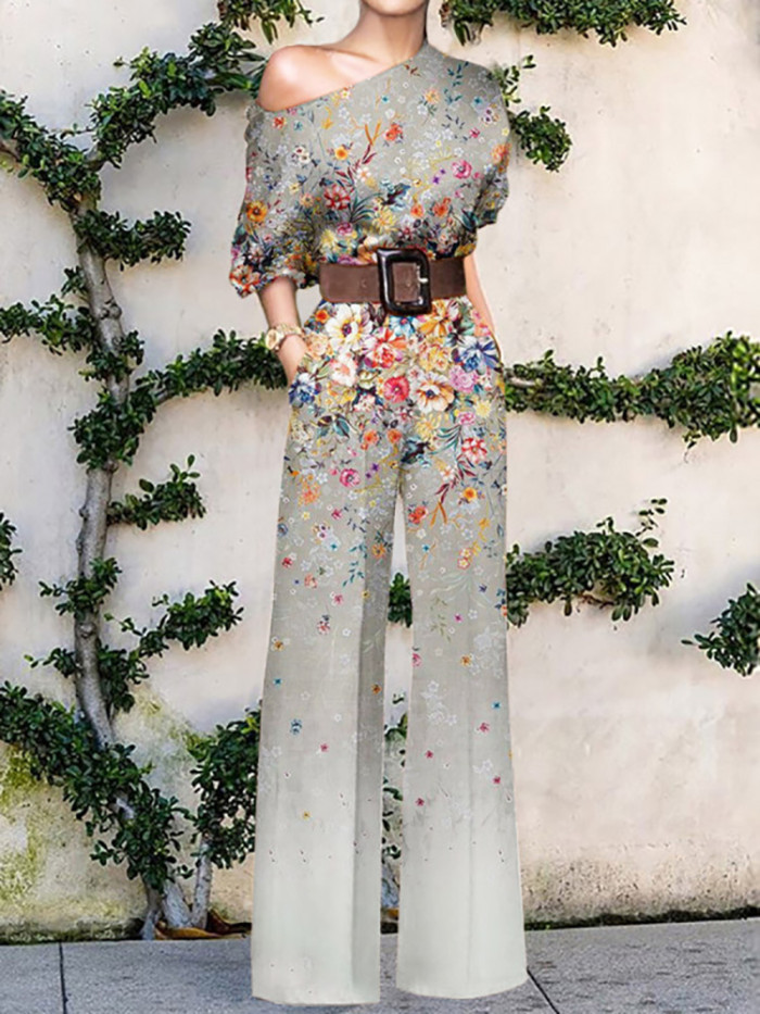 Stylish and Elegant Office Loose Wide Leg Slant Neck Floral Print Jumpsuit