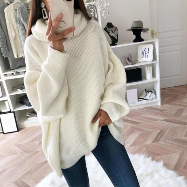 Fashion Solid Color Turtleneck Loose Pullover Stretch Knit Sweater