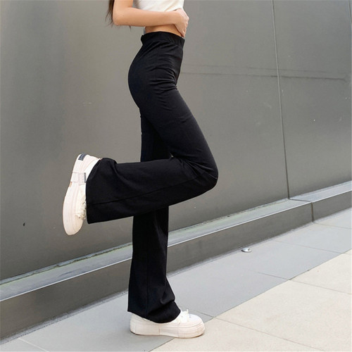 Ladies Fashion Elastic Waist Flare Solid Color High Waist Wide Leg Pants