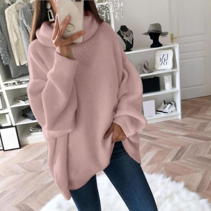 Fashion Solid Color Turtleneck Loose Pullover Stretch Knit Sweater