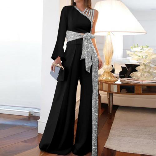 Women's Off Shoulder Bandage Bow High Waist Wide Leg Top Patchwork Glitter Pants   Two-piece Outfits