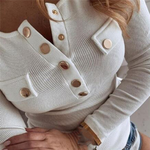 Fashion O Neck Pullover Long Sleeve Loose Casual Elegant Button Sweater