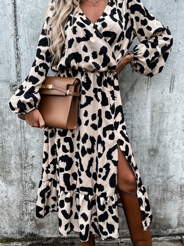 Trendy Long Sleeve Slit Leopard Print Party V Neck Casual Maxi Dress