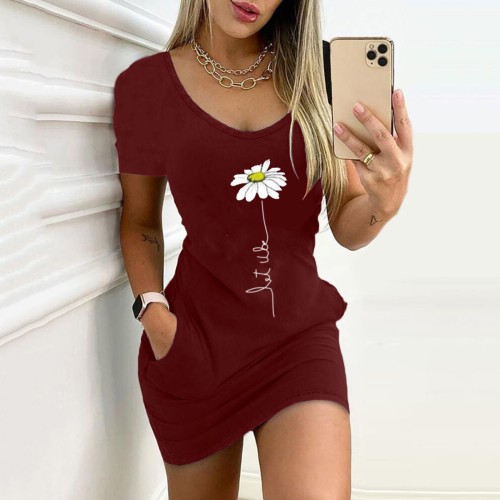 Women's Fashion Flower Print Tunic Short Sleeve Sexy  Bodycon Dress
