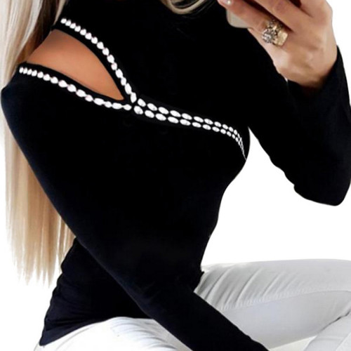 Fashion Long Sleeve Cutout Patchwork Sexy Off-Shoulder Solid Color Blouses & Shirts