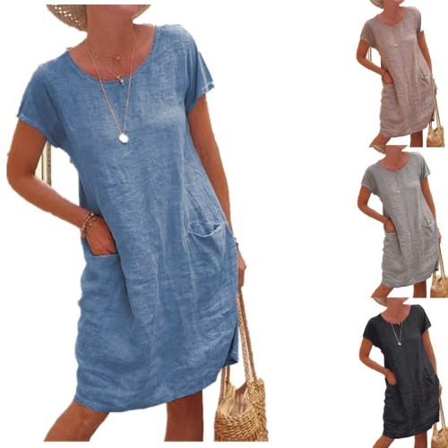 Loose Solid Color Pocket Short Sleeve Round Neck Cotton Linen Casual Dress