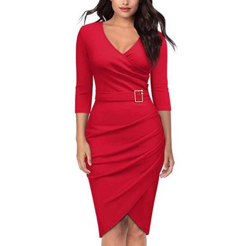 Fashion Formal Solid Color 3/4 Sleeve Elegant High Waist Drawstring Irregular  Midi Dress
