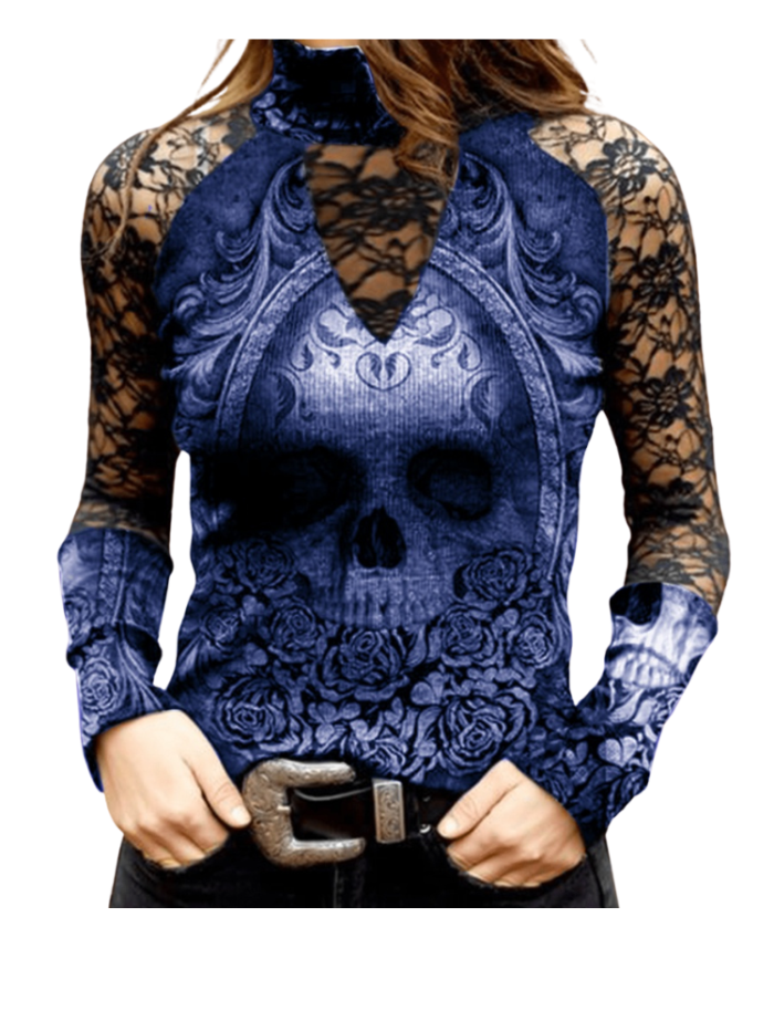 Women's Summer Turtleneck Printed T-Shirt Gothic Cutout Long Sleeve Top  Blouses
