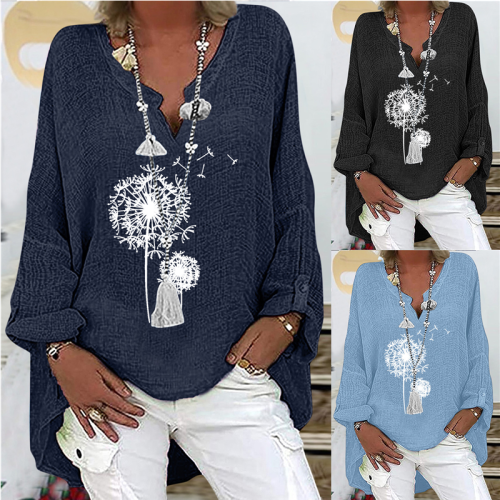 Fashion Print Sexy V Neck Long Sleeve Casual Loose Top  Blouses & Shirts
