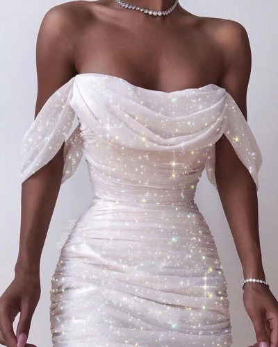 Sexy Off-Shoulder Sparkling Sequins Elegant Drape Neck Prom Dress